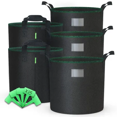 Immagine prodotto di Vaso da coltivazione in tessuto non tessuto 65 litri - Set da 5 - Nero - Con etichette per piante e maniglie