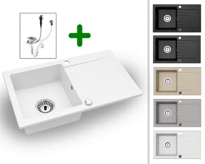 Produktbild von [Granitspüle 76x44 Weiß]Hochwertig beidseitig Montierbar Küchenspüle Eckig Einbaugranitspüle Granit Spülbecken f. Unterschränke ab 45 cm inkl.Sipho