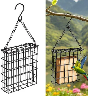 Imagen del producto de Comedero para pájaros – Comedero para exteriores – Metal – Colgante – 12,8*4,7*13,5 cm – Cadena de 23 cm – Ideal para jardines, terrazas y balcones – Color