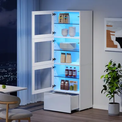Image de MODFU Armoire Vitrine Haute Moderne Avec LED - Meuble De Rangement En MDF Et Verre Trempé Avec 3 Portes Et 1 Tiroir - Blanc Brillant - 60x40x173 Cm