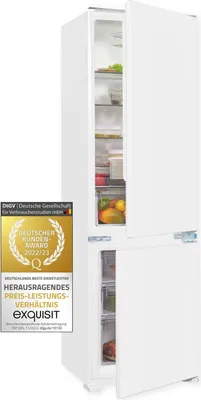 A white refrigerator with its doors open, showing shelves with food items. A badge with text and graphics is placed on the left side of the refrigerator.