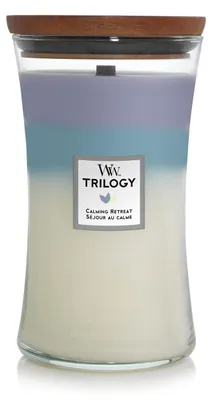 Produktbild von WoodWick große Trilogy-Duftkerze im Sanduhrglas mit knisterndem Docht | Calming Retreat | Brenndauer bis zu 130 Stunden