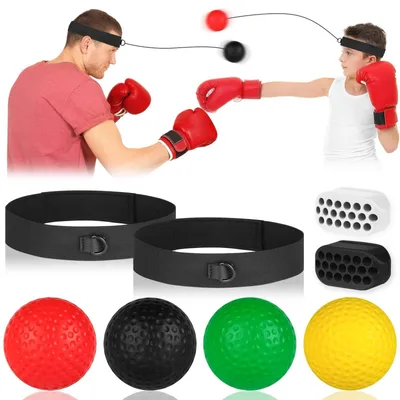 Produktbild von Reflexball Boxball Reaktionsball - Mit Kopfband - 2 Kopfbänder und 4 Bälle - Für Kinder und Erwachsene - Zuhause und im Fitnessstudio