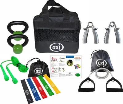 Productafbeelding van AXI Fitness Bag: Fitnessuitrusting met draagtas | Inclusief o.a. weerstandsbanden, weerstandskabels, kettlebells en een springtouw | Fitnessmateriaal /
