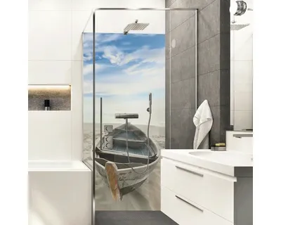 Produktbild von Duschrückwand mySpotti Shower Beach & Boat Boot am Strand 255 x 150 cm SH-255150-1935-HB