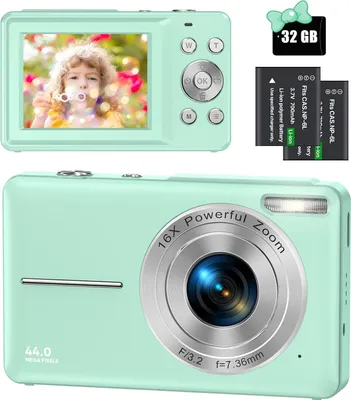 Produktbild von Digitalkamera, 44MP 1080P HD Fotokamera mit 32GB Karte, Kompaktkamera, 2,4 '' LCD 16X Digitalzoom Fotoapparat mit 2 Wiederaufladbare Batterien