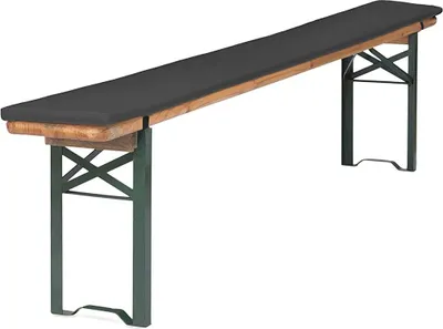 A long, dark grey bench with wooden edges and green metal legs, shown from a diagonal angle against a white background.