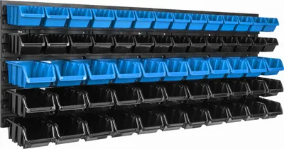 Obrázok produktu pre Nástenný panel na náradie 115 x 39 cm s 61  ks. Krabice závesný Modré a Čierne Stohovatelné Boxy