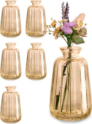 Kleine Glasvasen für Tischdeko - 6er Set - Vintage Charme - Runde Minivasen - Spülmaschinenfest - Perfekt für Hochzeit Tischdeko - Gold