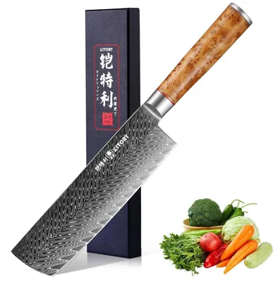 Immagine prodotto di Coltello da chef Nakiri, lama da 18 cm, acciaio damasco a 73 strati (10Cr15CoMoV), manico in legno bianco