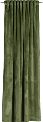 A green velvet curtain hanging vertically against a white background.