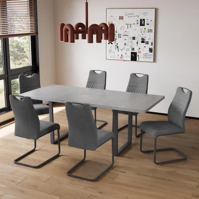 Immagine prodotto di Tavolo allungabile con 6 sedie, struttura in MDF grigio, dimensioni 130-170 cm