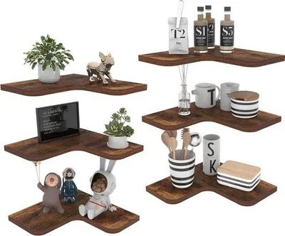 Produktbild von Unyqoos® Set 6 L‑förmige Eck-Wandregale aus Holz, kleines schwebendes Wandboard, Vintage Braun/Schwarz, 26,5×26,5×1,5 cm