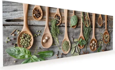 Produktbild von Küchenrückwand Spritzschutz Glas mit Motiv Holzlöffel und Kräuter 40 x 40 cm