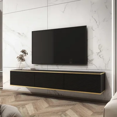 Zdjęcie produktu dla BETTSO Wisząca szeroka szafka RTV do salonu półka telewizyjna trzydrzwiowa nowoczesny stolik telewizyjny do salonu ORO 175 cm fronty listwowe czarna