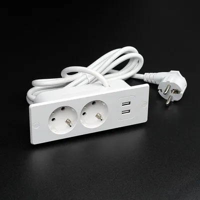 Obrázok produktu pre Zásuvnicová skrinka do pracoviska s 2 zásuvkami, 2 USB portami a 1,5 metrovým káblom – vhodná pre pracovné plochy a konferenčné stoly (biela).