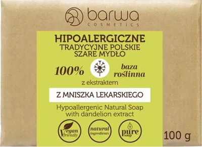 Zdjęcie produktu dla Barwa Cosmetics Szare Mydło Kostka 100g Hipoalergiczne Polskie Mniszek Lekarski