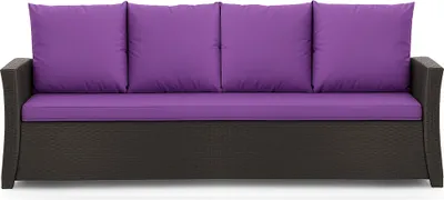 A front view of a sofa with purple cushions on a dark brown base.