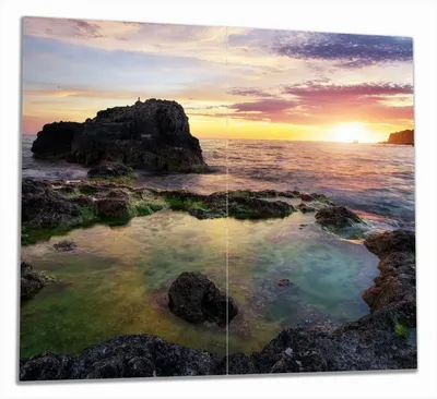 Produktbild von Wallario Herdabdeckplatte aus Glas, Größe 60 x 52 cm 2-teilig, Motiv Felsige Küste bei Sonnenuntergang