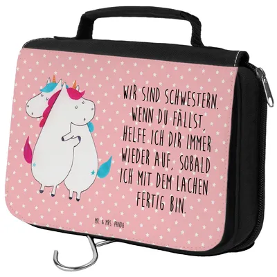 Produktbild von Mr. & Mrs. Panda kulturtäschchen Einhörner Umarmen - Rot Pastell - Geschenk, Liebe, Kulturbeutel, Einhorn, kosmetiktäschchen, Make-Up Tasche, BFF, Unicorn, Familie