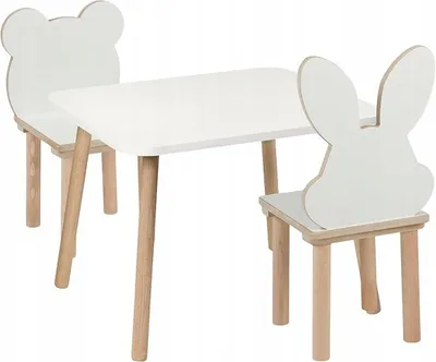 Obrázok produktu pre Detský stolík so 2 stoličkami, rozmery 50 x 60 x 47 cm, vyrobený z dreva, s motívom medvedíka a zajaca, detská sedacia súprava, nábytok do detskej izby