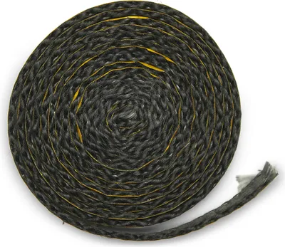 A coiled black rope with yellow threads, likely a sealing gasket, on a white background.