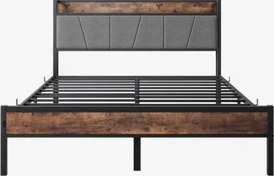 Produktbild von Klassisches Bett Ohne Matratze 140x200cm Bettrahmen Mit Kopfplatte Metallbettrahmen Mit USB Ladestation LED Bettrahmen Jugendbett Kinderbett Braun