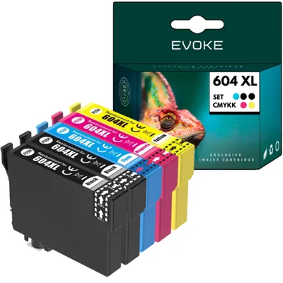 Obrázok produktu pre Kompatibilné atramenty Evoke pre tlačiarne Epson 604XL 604 XL T10H6: 5 ks (2x čierna + azúrová + purpurová + žltá), objem 49 ml, výtlačnosť 3680 strán, vhodné pre modely Expression Home XP-2200, 2205, 3200, 3205, 4200, 4205; WorkForce WF-2910DWF, 2930DWF, 2935DWF, 2950DWF