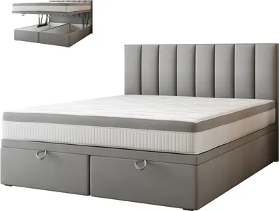 A bed with a mattress and headboard, shown on a white background. An inset shows the storage compartments of the bed base.