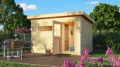 Produktbild von Karibu Saunahaus Außensauna Gartensauna Skrollan 2 unbehandelt ohne Zubehör 38mm Massivholz 336x231x227 cm mit Classic Tür