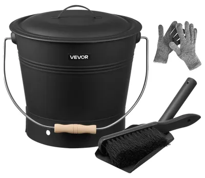Produktbild von VEVOR Aschebehälter, 4 Teile mit Deckel, Schaufel, Besen und Handschuhe, Metall Kamin Holzkohlebehälter und Aschekanne, 15L große Kapazität für Kamin, Feuerstellen, Holzöfen, drinnen und draußen, 2.6 Gallonen