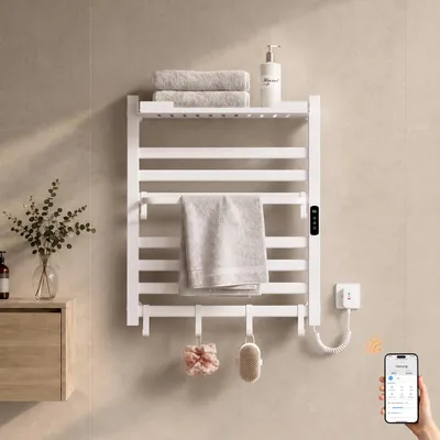 Image de S'AFIELINA Sèche-serviettes électrique avec étagère 700× 600 mm 233 W Blanc,Radiateur sèche-serviettes électrique connecté, WiFi et application