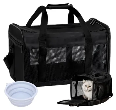 Produktbild von Transportbox für Katzen und Hunde: 42 x 27 x 28 cm, faltbar mit Hundenapf, tragbar für Haustiere (Schwarz)