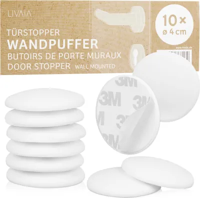 Produktbild von Wand Türstopper Set Weiß: 10x Türstopper Wand selbstklebend in 4cm - Türstopper Griff Set in Weiß - Türstopper Türgriff - Wandpuffer von LIVAIA