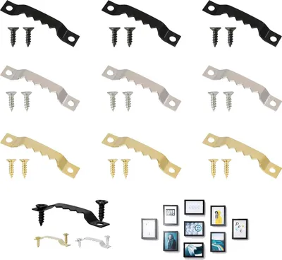 A collection of picture hanging hardware in different colors, along with a small arrangement of framed pictures.