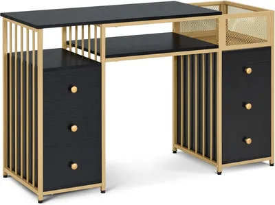 Zdjęcie produktu dla Biurko z półkami - Konsola biurowa - Organizacja pracy w domu - Duża przestrzeń do przechowywania - 125 x 81 cm - Czarny
