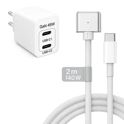Produktbild von 45W USB C Ladegerät + 140W MagSafe 3 Kabel 2m für MacBook Air & Pro M1 M2 M3 M4 M5 - Dual Port Netzteil Adapter Schnellladung Silber