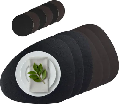 Produktbild von Platzset 6er Set, 2in1 Wende-Tischunterlage Kunstleder oval, Platzdeckchen 40x31cm Nierenform (schwarz/braun) inkl Untersetzer Glas