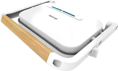 A white electric grill with a wooden handle is shown from a diagonal angle.