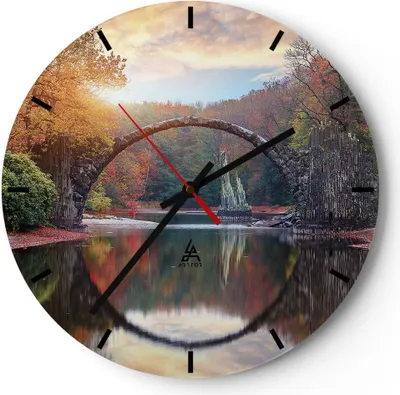 Produktbild von Wanduhr - Rund - Glasuhr - Garten Rhododendren Brücke - 30x30cm - Schleichendes Uhrwerk - Lautlos - zum Aufhängen bereit - Dekoration Modern - Wanddekoration aus Glas - C3AR30x30-4660