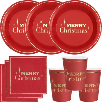 Produktbild von Weihnachten Einweggeschirr Weihnachtsfeier Teller Becher Servietten rot gold 700 tlg.