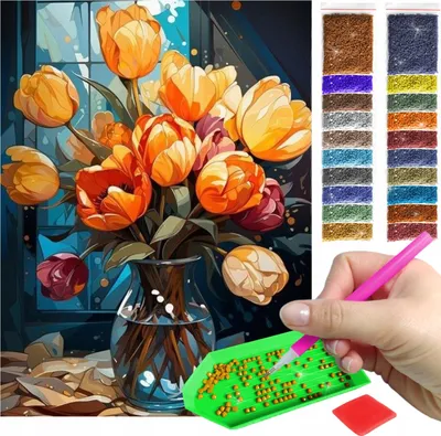 Produktbild von ARTULIO - Diamond Painting Set - Tulpenstrauß in Vase - 40 x 30 cm - Eckige quadratische Steine - Bilder DIY, Komplettset Mosaik + Zubehör
