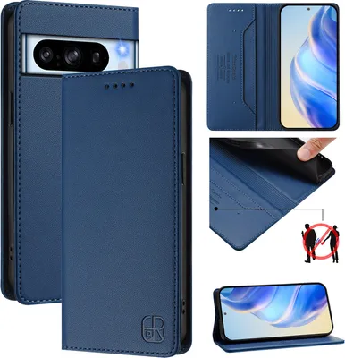 Produktbild von Lederhülle für Google Pixel 8 Pro Hülle Flip Brieftasche Kartenfächern Ständer Schutzhülle Blau