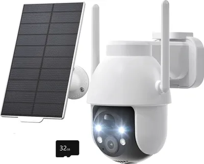 A solar-powered outdoor security camera with a separate solar panel and a 32GB SD card.