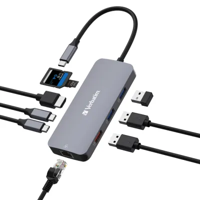 Produktbild von Verbatim CMH-09, USB Typ-C, HDMI, RJ-45, USB 3.2 Gen 1 (3.1 Gen 1) Type-A, USB 3.2 Gen 2 (3.1 Gen 2) Type-A, USB 3.2 Gen 2..., MicroSD (TransFlash), SD, 10000 Mbit/s, 60 Hz, Silber