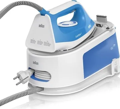A close-up studio shot of a Braun steam iron and its base station.