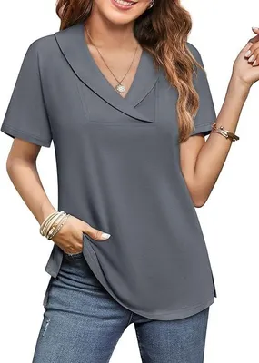 Produktbild von Damenbluse mit V-Ausschnitt - Kurze Ärmel - Sommer-T-Shirt - Elegante Tunika - Lässiges Oberteil - Atmungsaktives Material