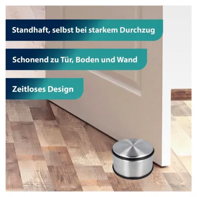 Produktbild von Türstopper aus Edelstahl | Runder Türstopper mit 1,8 kg Eigengewicht | Gummiring zum Schutz der Tür | Rutschfeste Unterseite | ⌀ 11 cm, Höhe 7 cm | Stabil bei Durchzug