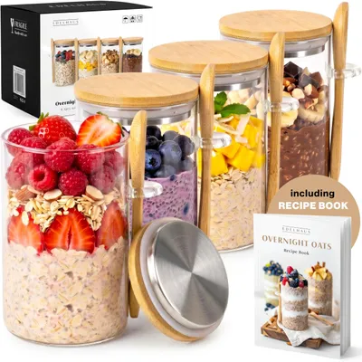 4er-Set Overnight-Oats-Gläser 500 ml mit Bambusdeckel & Löffel