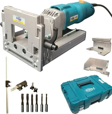 A collection of woodworking tools, including a dowel drilling machine, bits, and accessories, laid out on a white background.
